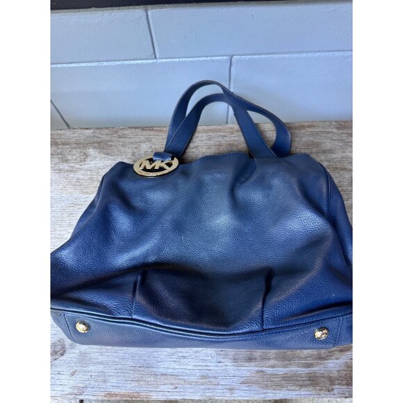 Michael Kors large navy blue pebbled leather tote shoulder bag MK logo gold hard - Picture 1 of 9